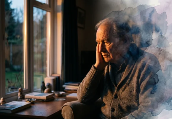An elderly man thinking deeply by a window for advanced English listening practice on Listenglish