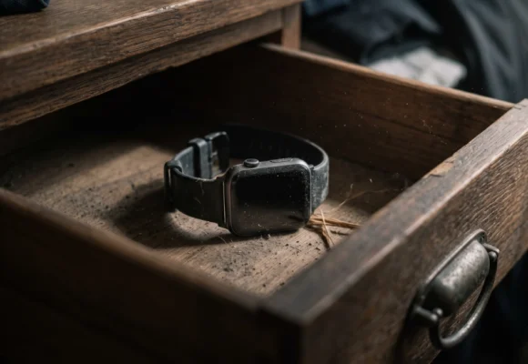 A dusty smart watch left forgotten inside an old wooden drawer for a C1 English listening lesson on Listenglish.