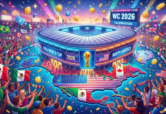 Fans celebrating FIFA World Cup 2026 during an English listening practice session on Listenglish.