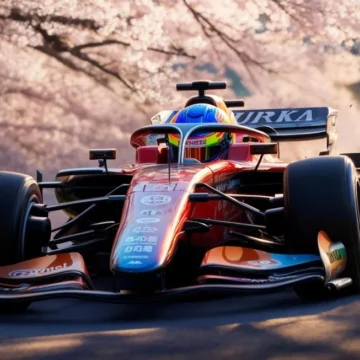 formula-1-sports-vocabulary-learning An F1 race car speeding under cherry blossoms for advanced English listening and shadowing practice on Listenglish.