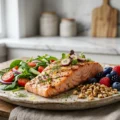 Grilled salmon plate with salad and berries for English vocabulary and listening practice on Listenglish.