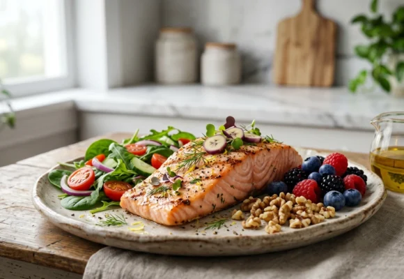 Grilled salmon plate with salad and berries for English vocabulary and listening practice on Listenglish.