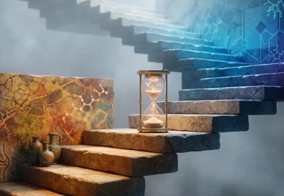 An hourglass on stone stairs for B1 level English listening and vocabulary practice on Listenglish.