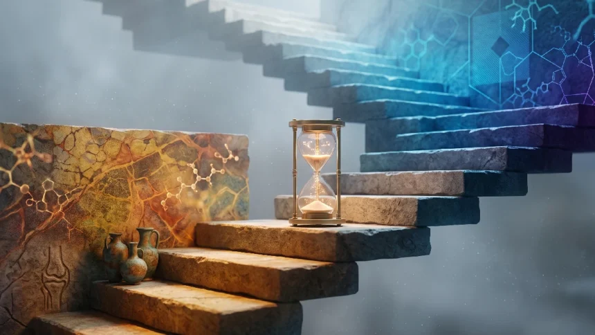 An hourglass on stone stairs for B1 level English listening and vocabulary practice on Listenglish.