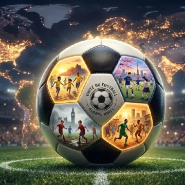 interactive-english-discussion-topics-football A soccer ball featuring kids playing football globally with a world map background on Listenglish.