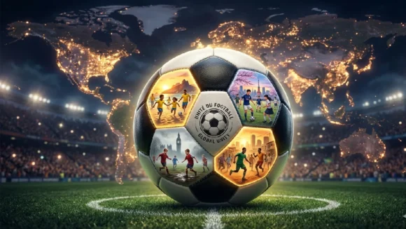 A soccer ball featuring kids playing football globally with a world map background on Listenglish.