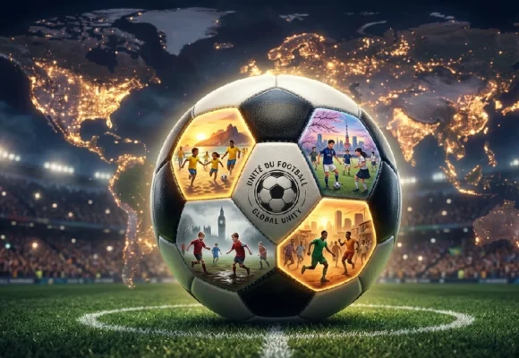 A soccer ball featuring kids playing football globally with a world map background on Listenglish.