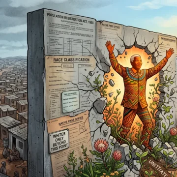 nelson-mandela-apartheid-wall Nelson Mandela breaking a concrete apartheid wall dividing Soweto and luxury suburbs on Listenglish.