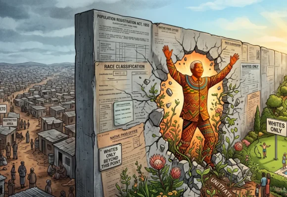 Nelson Mandela breaking a concrete apartheid wall dividing Soweto and luxury suburbs on Listenglish.