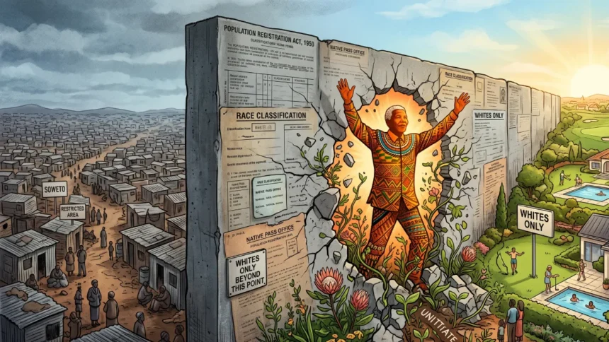 Nelson Mandela breaking a concrete apartheid wall dividing Soweto and luxury suburbs on Listenglish.
