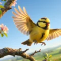 A yellow bird flying near spring blossoms. Learn nature vocabulary in context with Listenglish listening practice.