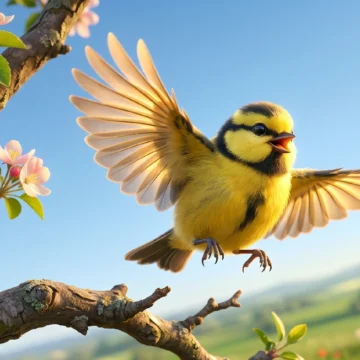 pip-the-bird-english-listening-practice A yellow bird flying near spring blossoms. Learn nature vocabulary in context with Listenglish listening practice.