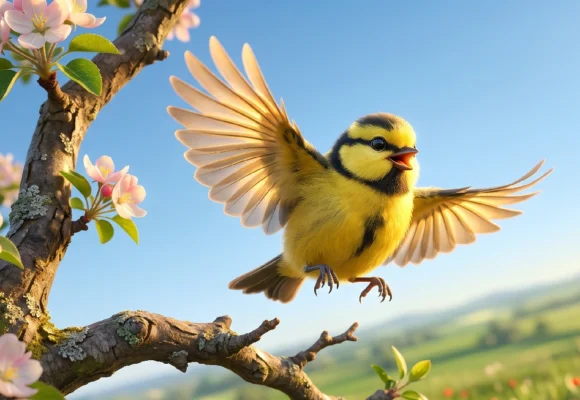 A yellow bird flying near spring blossoms. Learn nature vocabulary in context with Listenglish listening practice.