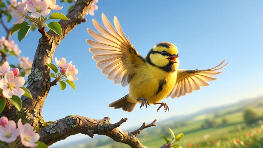 A yellow bird flying near spring blossoms. Learn nature vocabulary in context with Listenglish listening practice.