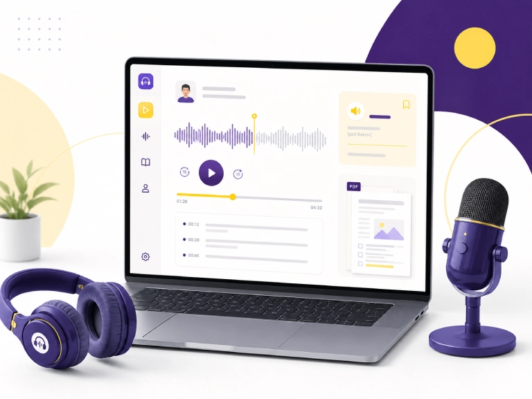 What Is Listenglish English Listening and Shadowing Platform Illustration of the Listenglish English listening and shadowing platform with audio lessons, headphones, microphone, and downloadable PDF worksheets