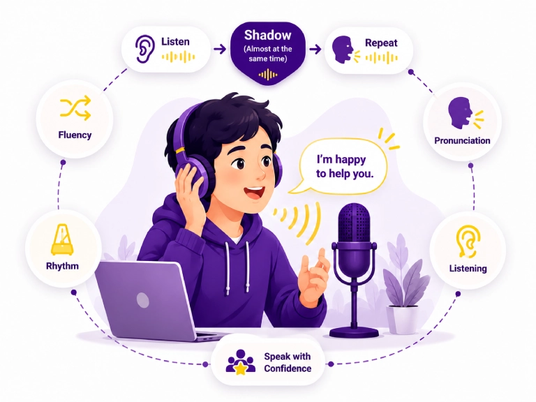 English Shadowing Practice for Listening and Pronunciation English shadowing practice illustration showing a student listening, repeating, and improving pronunciation, fluency, rhythm, and speaking confidence