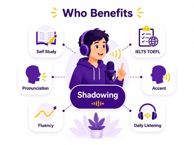 Who Benefits from English Shadowing Practice Illustration showing who benefits from English shadowing practice, including self-study learners, IELTS and TOEFL students, pronunciation practice, accent improvement, fluency, and daily listening