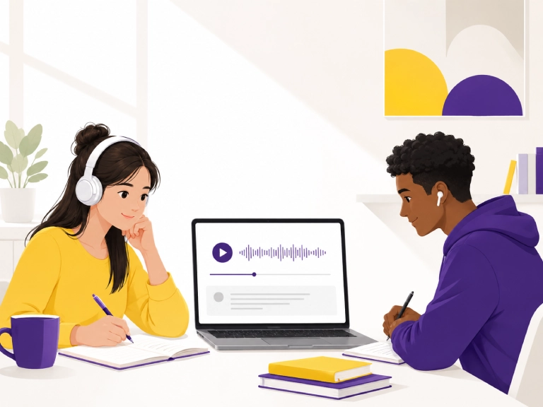 Who Is Listenglish Designed For English Learners Two English learners using headphones and a laptop for listening practice and study with Listenglish