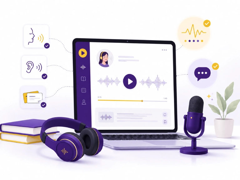 Why Learn English Through Listening and Shadowing Illustration showing how listening and shadowing help learners improve English pronunciation, rhythm, fluency, vocabulary retention, and speaking confidence