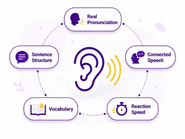 Why Listening Is Essential for English Fluency Illustration showing why English listening practice is essential for fluency, pronunciation, connected speech, vocabulary, and reaction speed