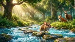 Mouse crossing a river while a fox and deer watch. Master English vocabulary in context with A2 stories on Listenglish.