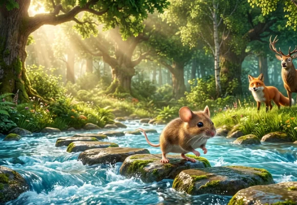 a2-animal-fable-english-listening-practice Mouse crossing a river while a fox and deer watch. Master English vocabulary in context with A2 stories on Listenglish.