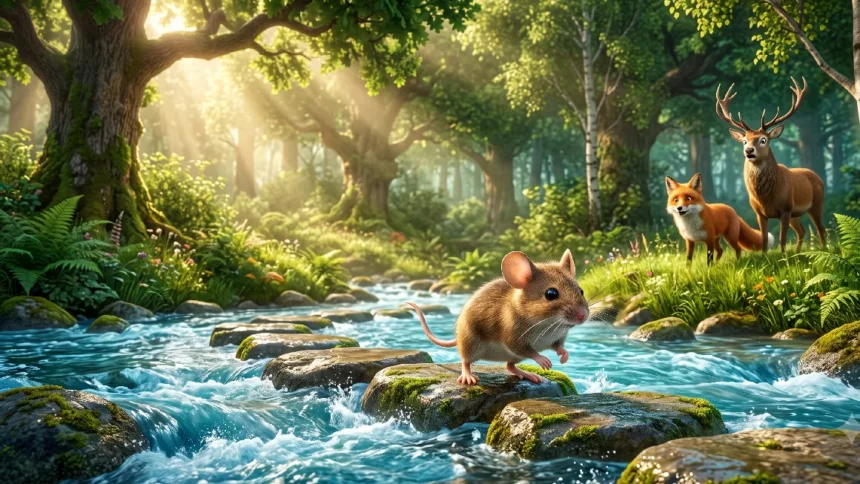 a2-animal-fable-english-listening-practice Mouse crossing a river while a fox and deer watch. Master English vocabulary in context with A2 stories on Listenglish.