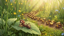 Cartoon ant relaxing while others work. Perfect for A2 English listening and vocabulary practice on Listenglish.
