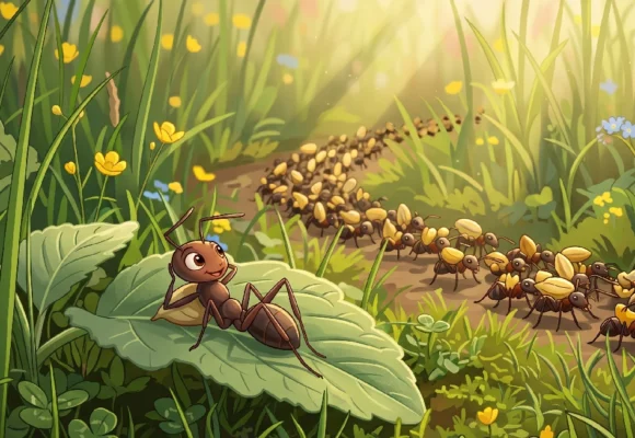 a2-english-listening-lazy-ant-story Cartoon ant relaxing while others work. Perfect for A2 English listening and vocabulary practice on Listenglish.