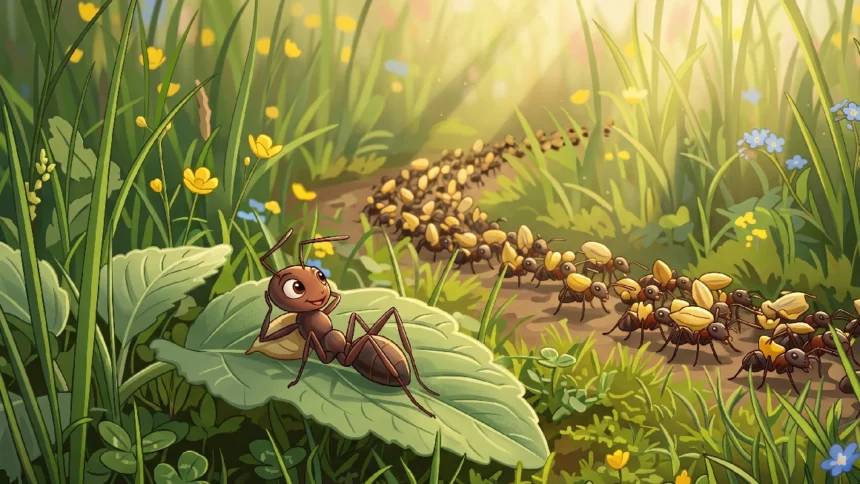 a2-english-listening-lazy-ant-story Cartoon ant relaxing while others work. Perfect for A2 English listening and vocabulary practice on Listenglish.