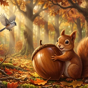 a2-english-listening-practice-autumn-squirrel A cute squirrel with an acorn in an autumn forest. Perfect for A2 English listening practice on Listenglish.