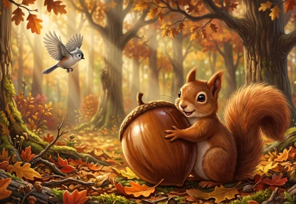 a2-english-listening-practice-autumn-squirrel A cute squirrel with an acorn in an autumn forest. Perfect for A2 English listening practice on Listenglish.