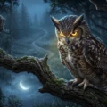 Detailed great horned owl perched on a mossy branch in a dark forest at night with a full moon, for Listenglish.