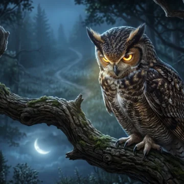 a2-english-listening-story-wise-owl Detailed great horned owl perched on a mossy branch in a dark forest at night with a full moon, for Listenglish.