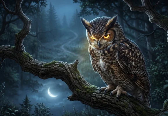 a2-english-listening-story-wise-owl Detailed great horned owl perched on a mossy branch in a dark forest at night with a full moon, for Listenglish.