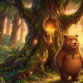 Cute bear in a magical forest looking at honey dripping from a tree for English listening practice on Listenglish.