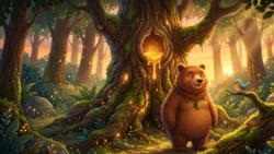 Cute bear in a magical forest looking at honey dripping from a tree for English listening practice on Listenglish.