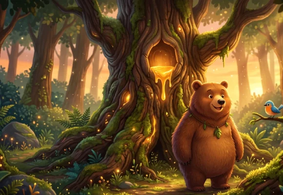 a2-level-cute-bear-english-listening-practice Cute bear in a magical forest looking at honey dripping from a tree for English listening practice on Listenglish.