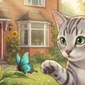 A gray cat looking at a blue butterfly in a garden. A1 English vocabulary and listening illustration on Listenglish.