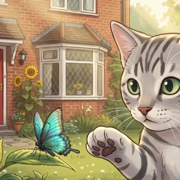 a2-listening-practice-cat-butterfly A gray cat looking at a blue butterfly in a garden. A1 English vocabulary and listening illustration on Listenglish.