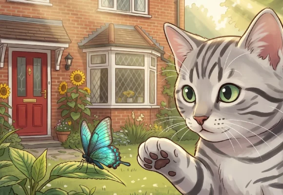a2-listening-practice-cat-butterfly A gray cat looking at a blue butterfly in a garden. A1 English vocabulary and listening illustration on Listenglish.