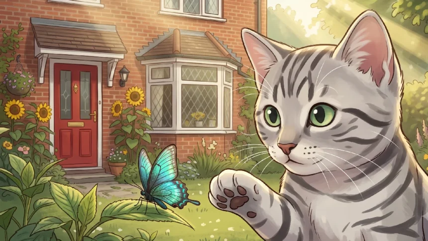 a2-listening-practice-cat-butterfly A gray cat looking at a blue butterfly in a garden. A1 English vocabulary and listening illustration on Listenglish.
