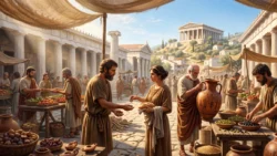 An ancient Greek marketplace scene for B1 vocabulary in context and English listening practice on Listenglish.