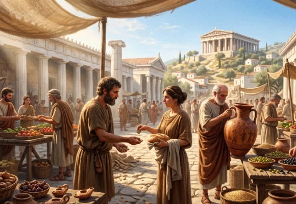 ancient-greece-agora-listening-practice An ancient Greek marketplace scene for B1 vocabulary in context and English listening practice on Listenglish.