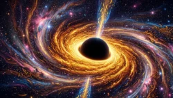 A cosmic black hole surrounded by glowing yellow spiral patterns for C1 level space vocabulary on Listenglish.