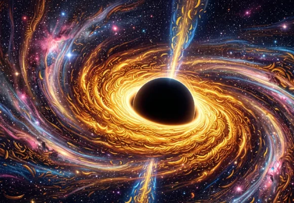 astronomy-discussion-activity-english-reading A cosmic black hole surrounded by glowing yellow spiral patterns for C1 level space vocabulary on Listenglish.