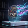 Holographic game disc over a console for B1 gaming vocabulary and English listening practice on Listenglish.