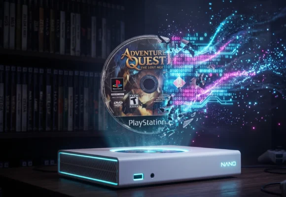 b1-english-discussion-activities-gaming Holographic game disc over a console for B1 gaming vocabulary and English listening practice on Listenglish.