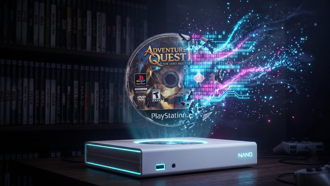 b1-english-discussion-activities-gaming Holographic game disc over a console for B1 gaming vocabulary and English listening practice on Listenglish.