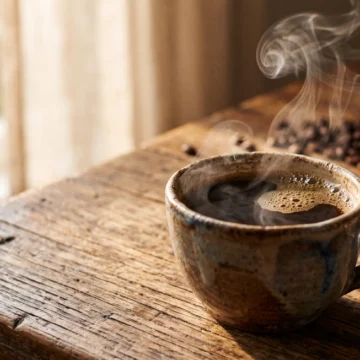 b2-english-listening-practice-coffee Steaming coffee on a wooden table, perfect for relaxing with B2 level English listening practice on Listenglish.